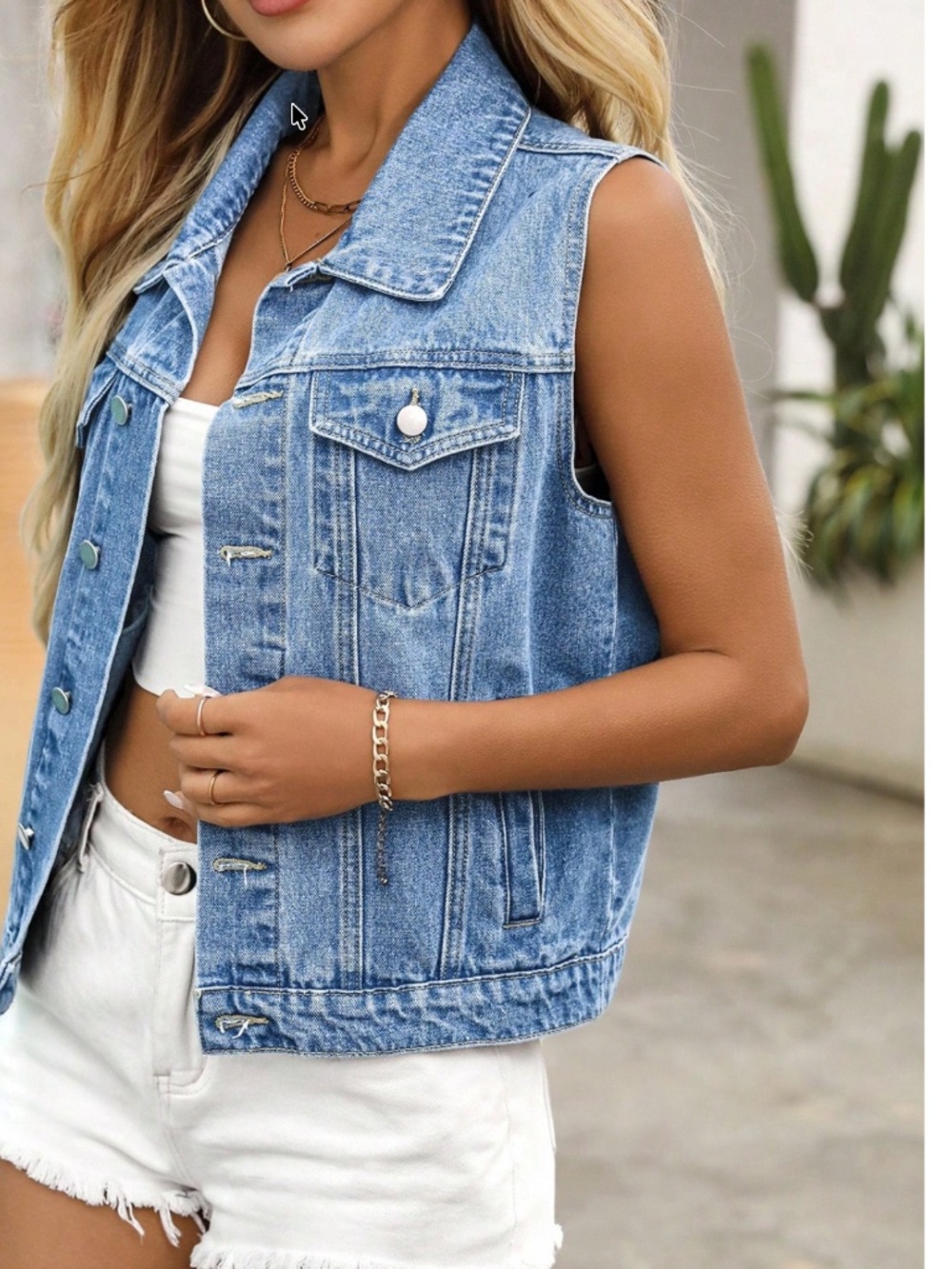 Western Denim Jeans Pockets Button Down Sleeveless Vest Jacket - Picture 6 of 11